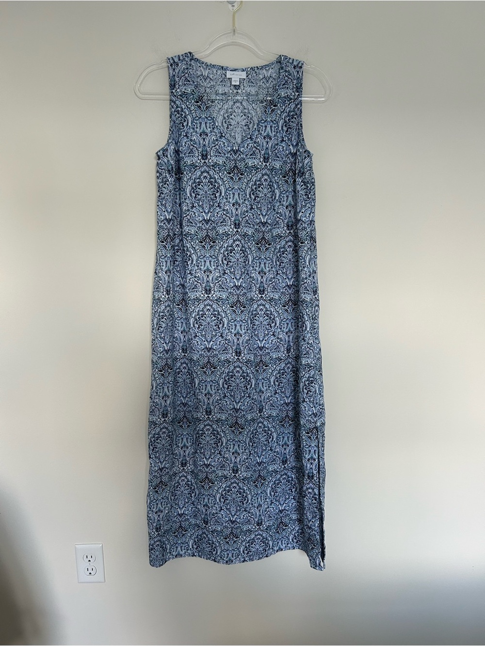 J.Jill Love Linen V Neck Blue Sundress Maxi Length with Side Slits Size XS